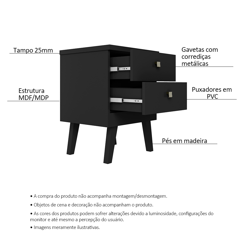 Mesa de Cabeceira 2 Gavetas Thor Preto - Saga Decor