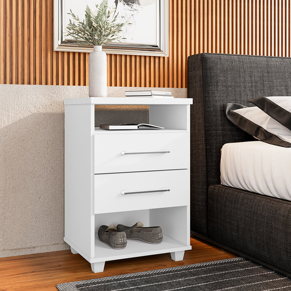 Mesa de Cabeceira para Quarto 2 Gavetas Valente Branco - Saga Decor