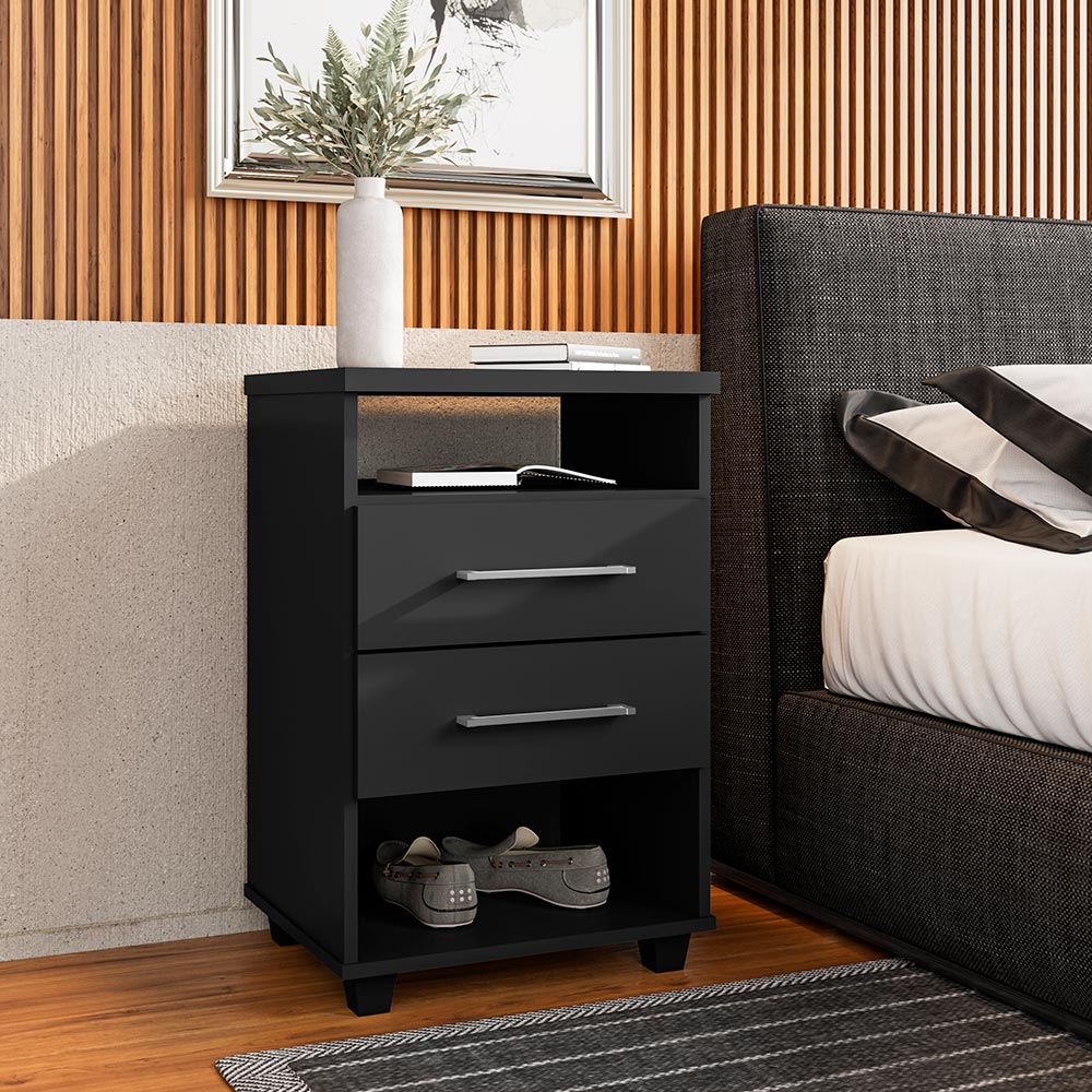 Mesa de Cabeceira para Quarto 2 Gavetas Valente Preto - Saga Decor
