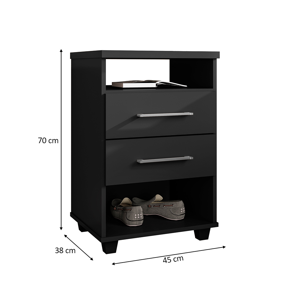 Mesa de Cabeceira para Quarto 2 Gavetas Valente Preto - Saga Decor
