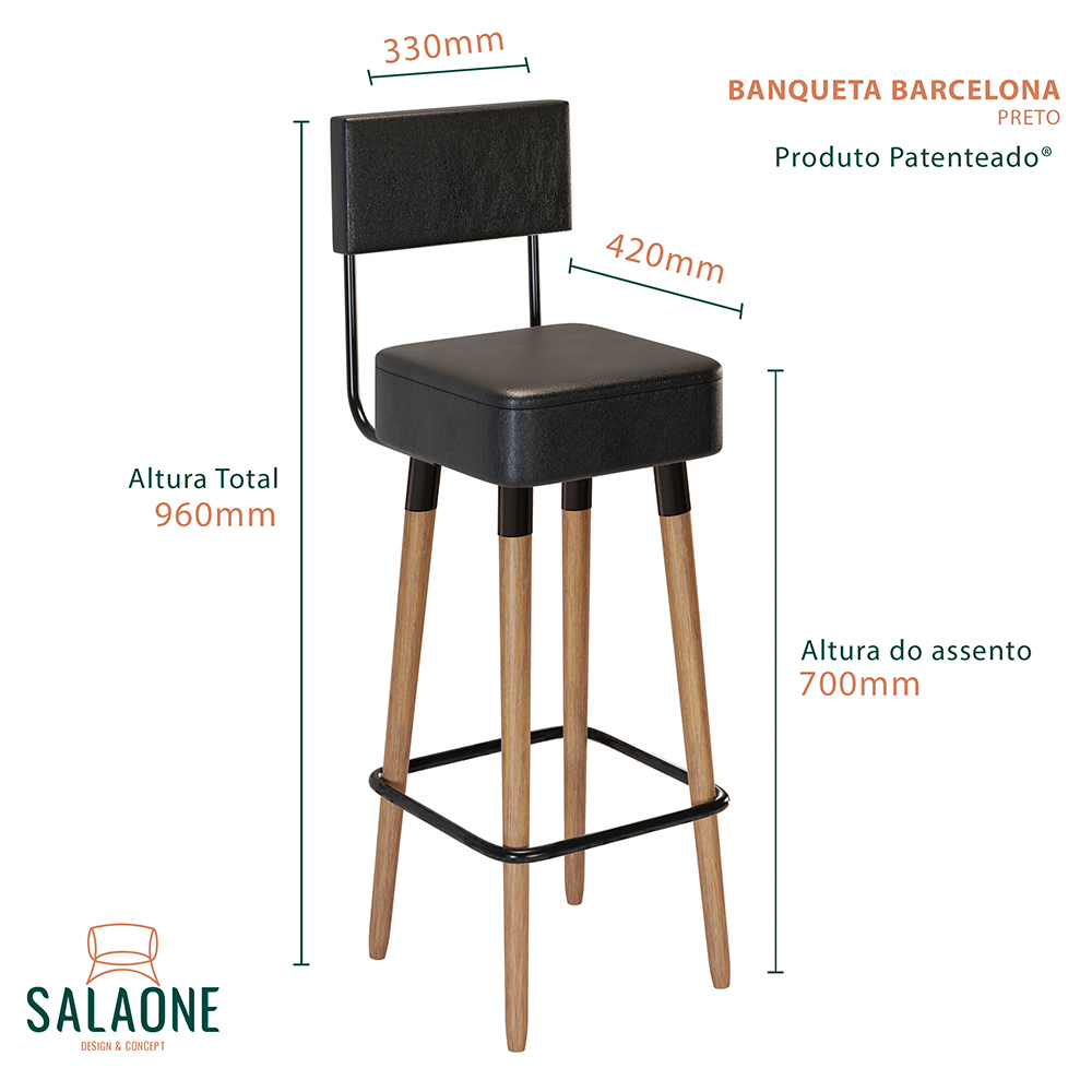 Banco Banqueta Pés Palito Barcelona Courissimo Preto 1 unidade - Salaone