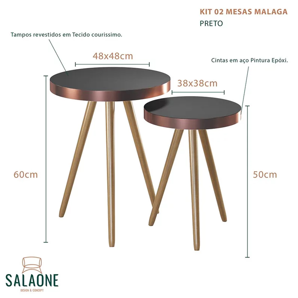Conjunto de Mesas Laterais Malaga Pés Castanho - Salaone
