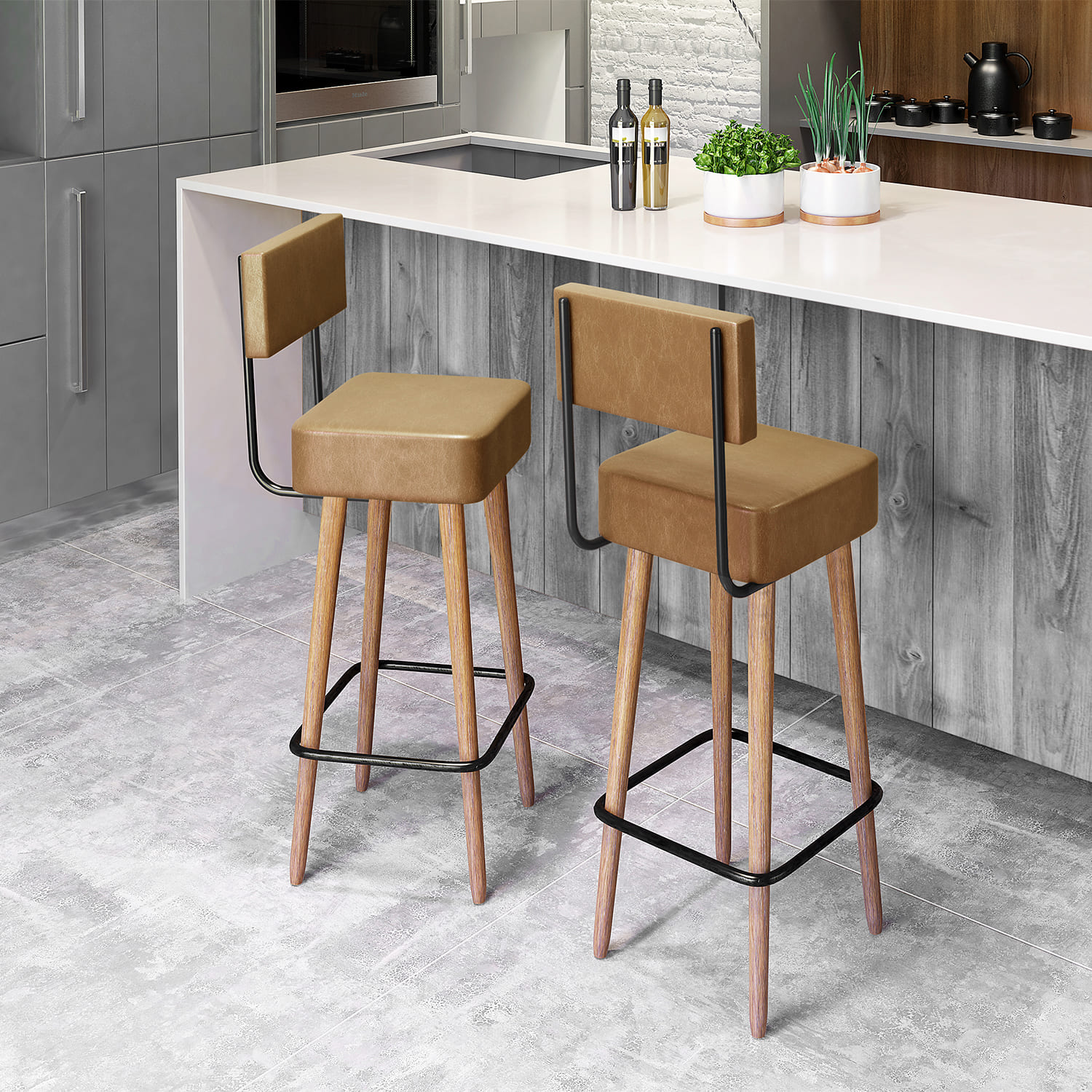 Kit 02 Banquetas Alta 70 Cm Barcelona Courissimo Amarula Pés de Madeira - SalaOne