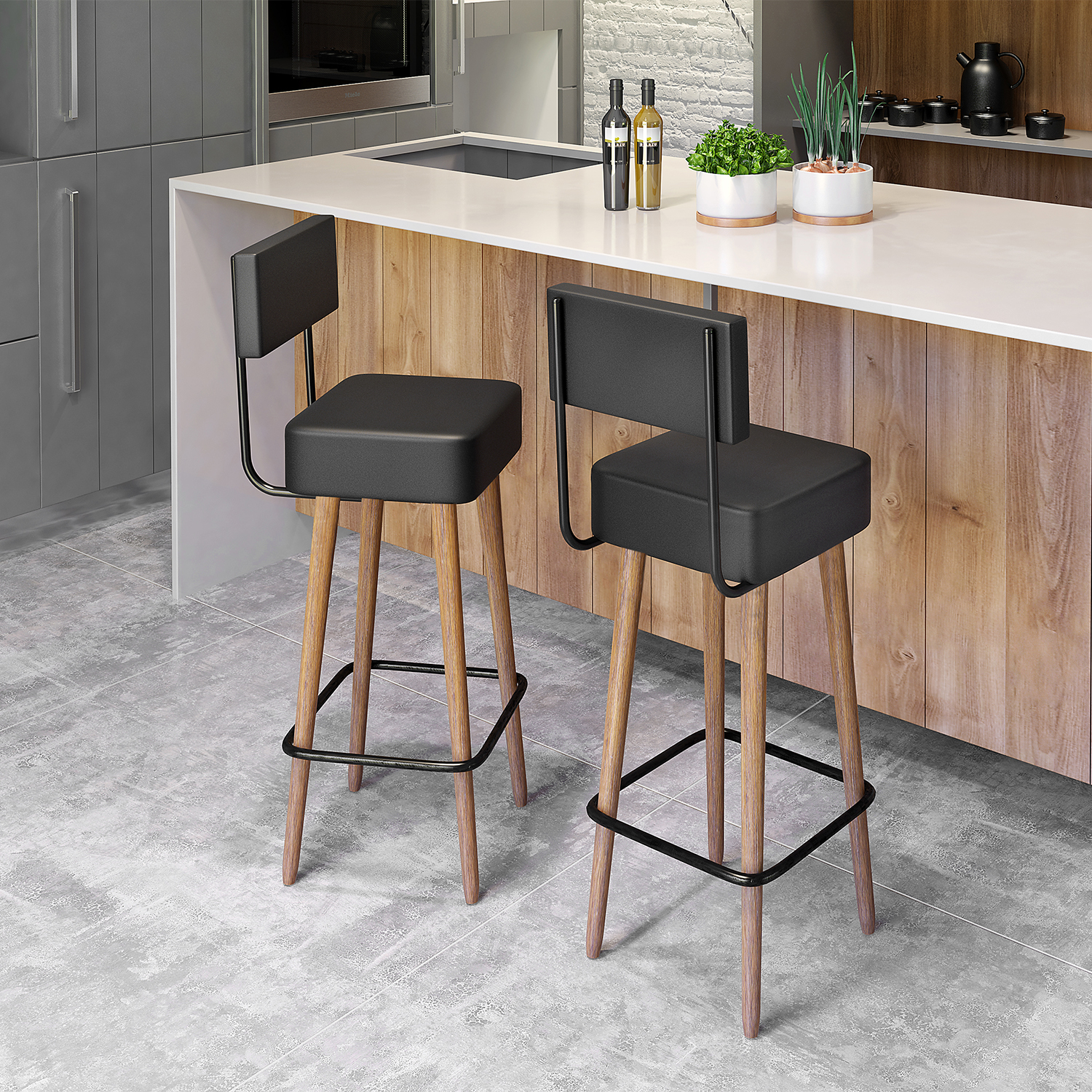Kit 02 Banquetas Alta 70 Cm Barcelona Preto Pés de Madeira - SalaOne