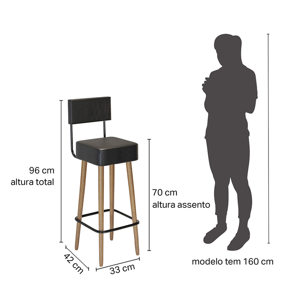Kit 02 Banquetas Alta 70 Cm Barcelona Preto Pés de Madeira - SalaOne