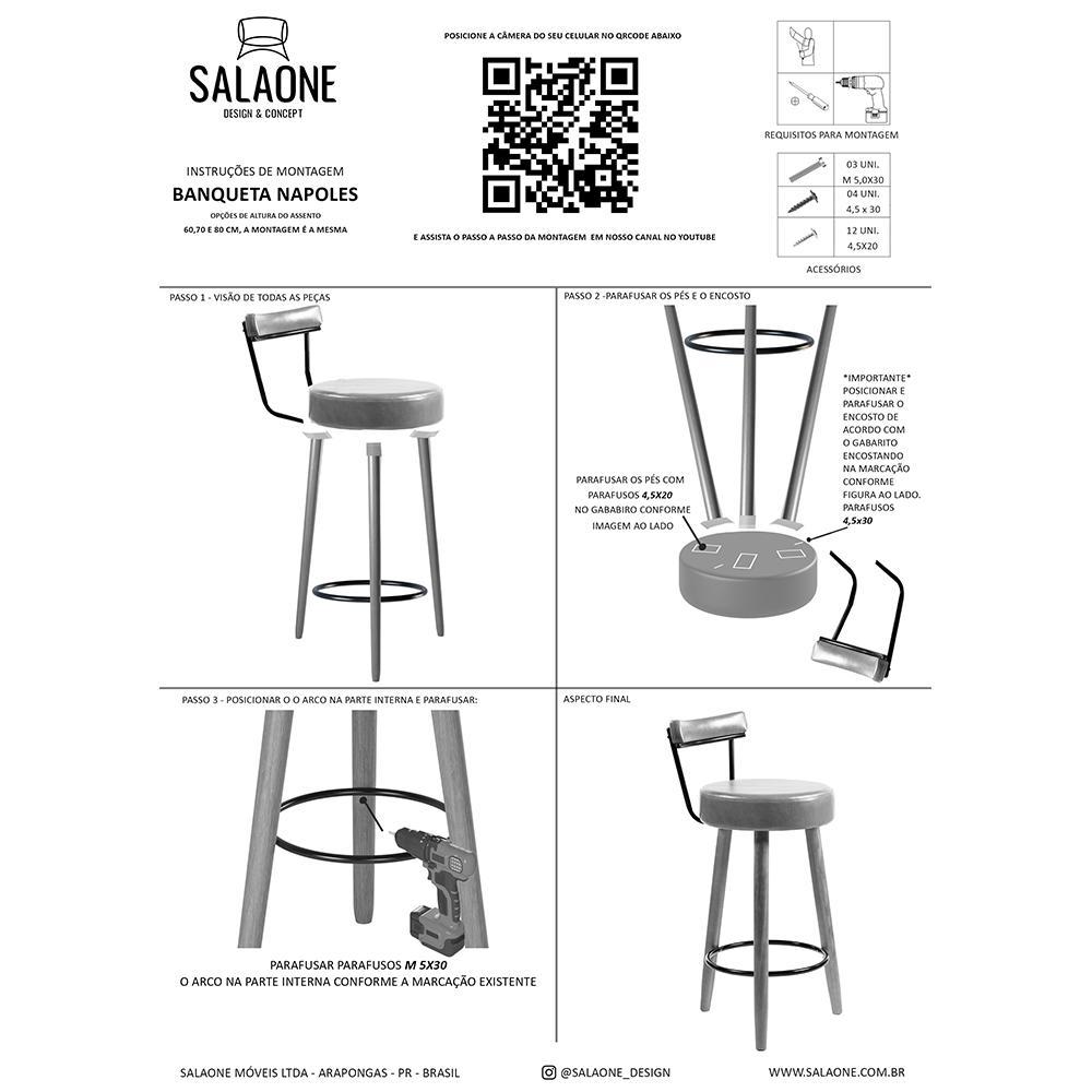 Kit 2 Banquetas Nápoles 89cm Couríssimo Preto - Salaone