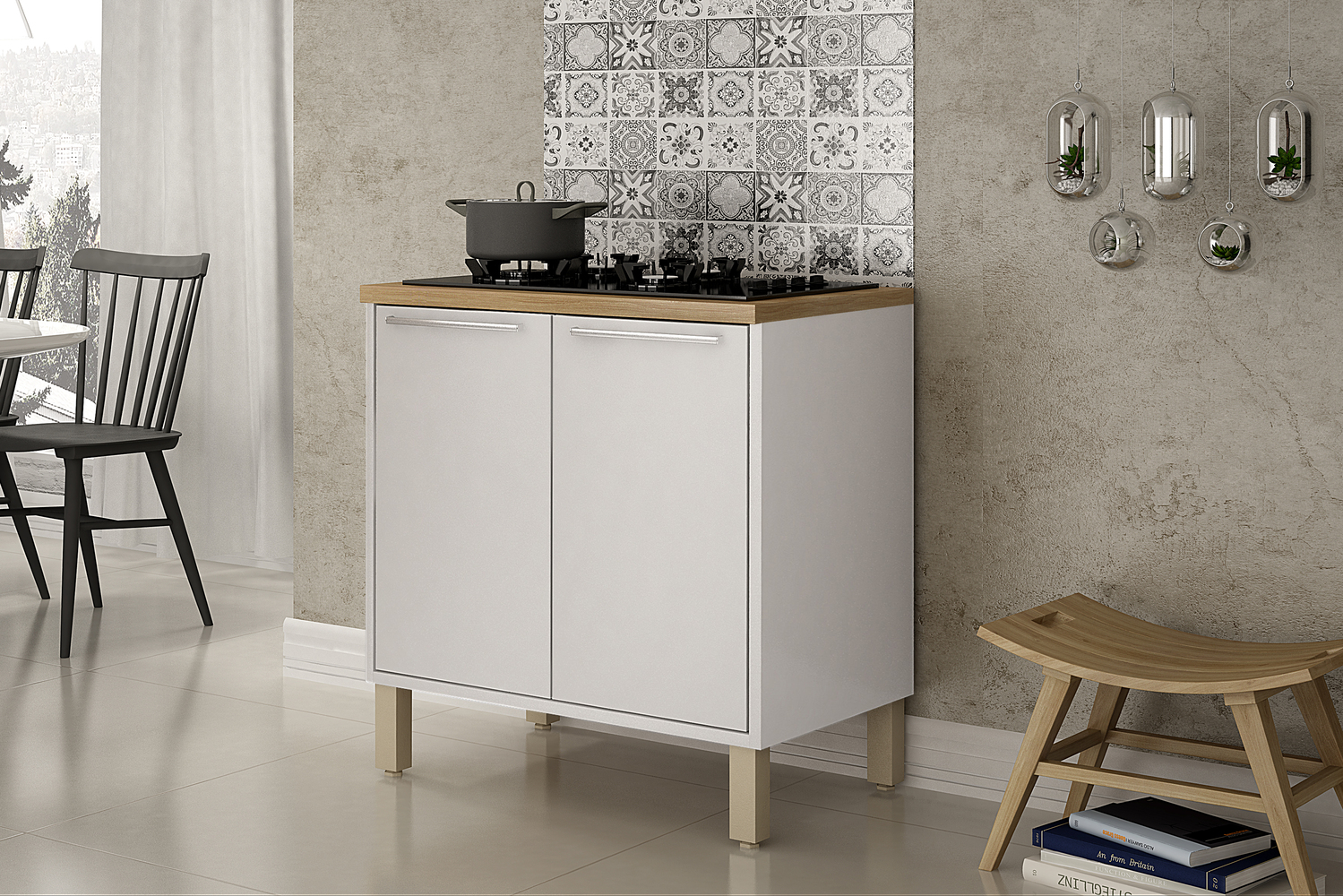 Balcao Paris 80cm 2 Portas Cooktop 4 Bocas Salleto Branco, Com recorte