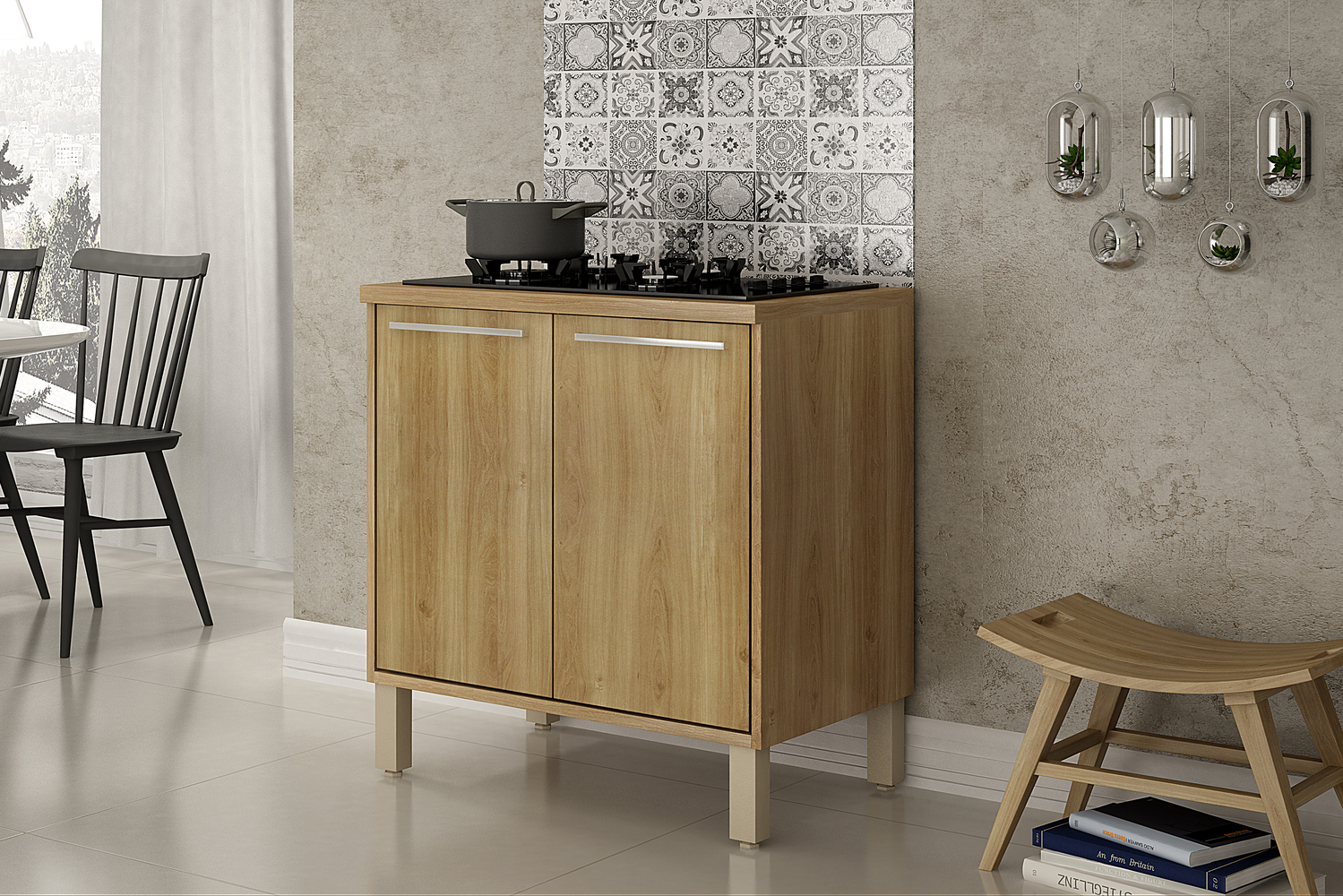 Balcao Paris 80cm 2 Portas Cooktop 4 Bocas Salleto Carvalho, Com recorte