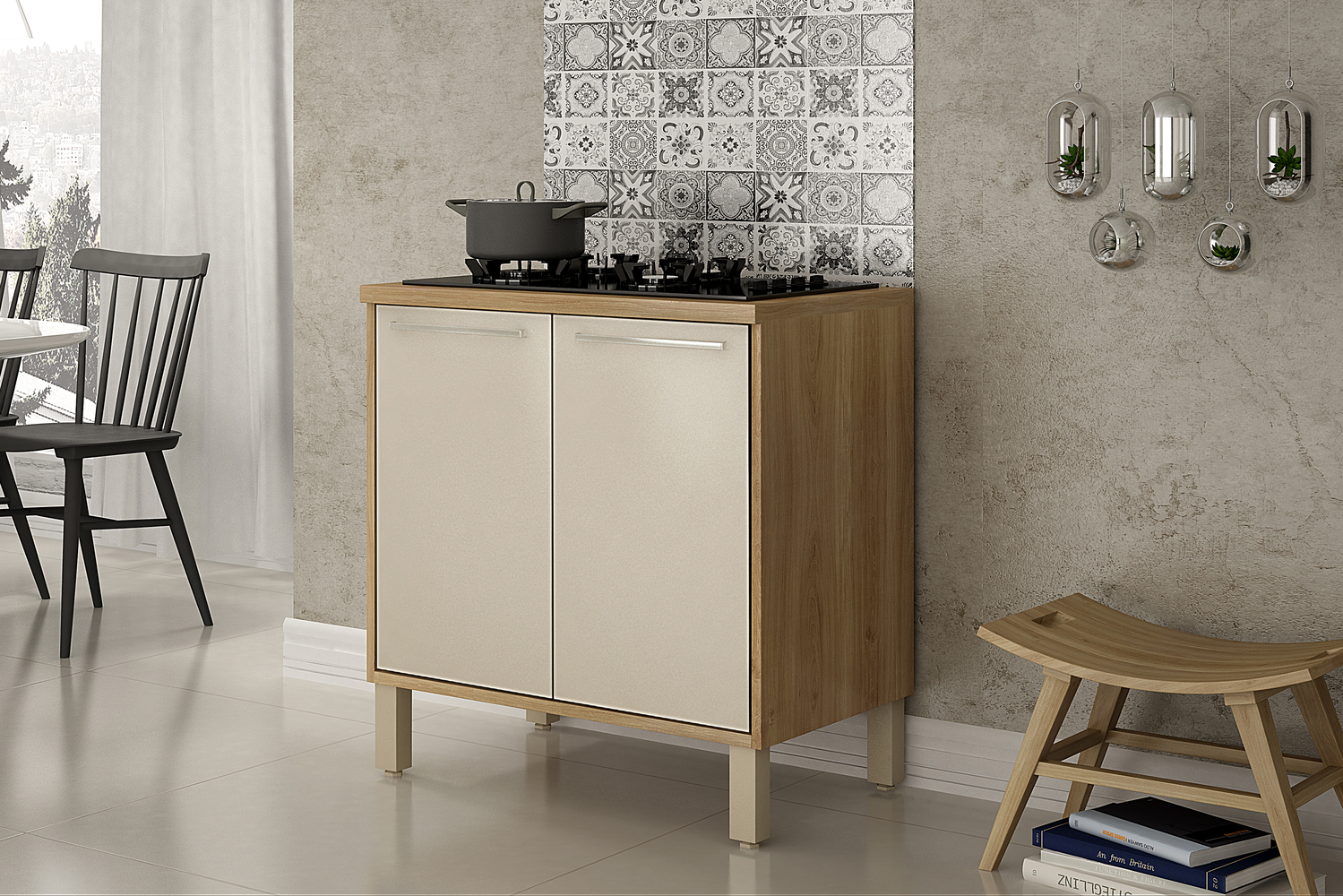 Balcao Paris 80cm 2 Portas Cooktop 5 Bocas Salleto Carvalho/Off White, Com recorte