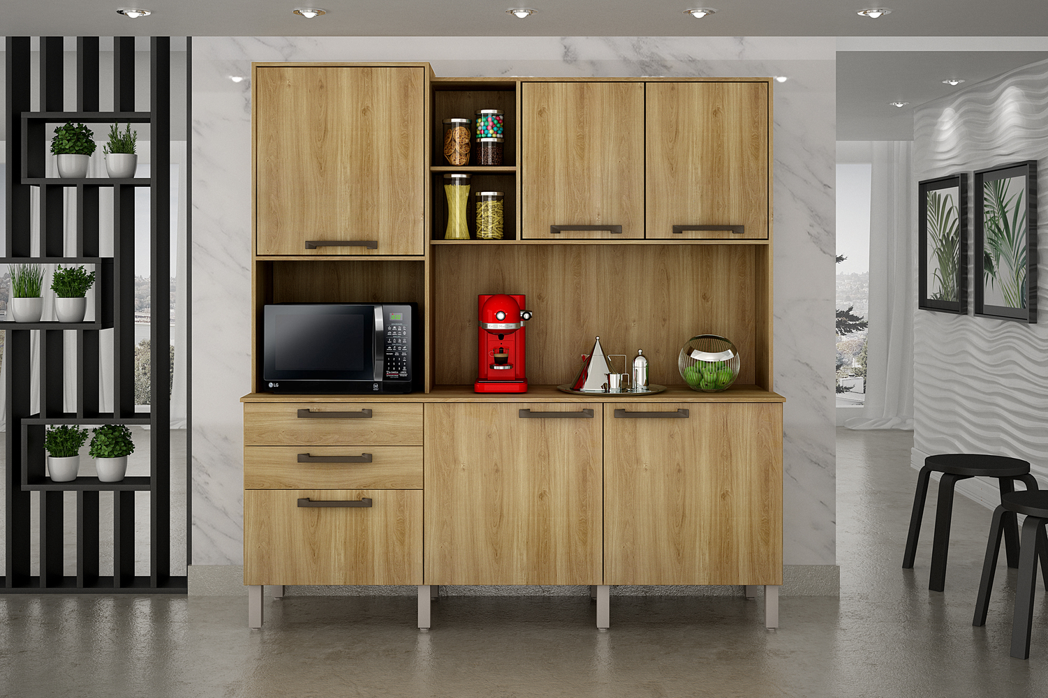 Cozinha Compacta Londres com 6 Portas, 2 Gavetas e 7 Prateleiras Salleto Carvalho