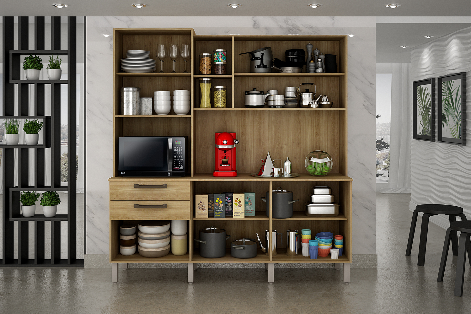 Cozinha Compacta Londres com 6 Portas, 2 Gavetas e 7 Prateleiras Salleto Carvalho