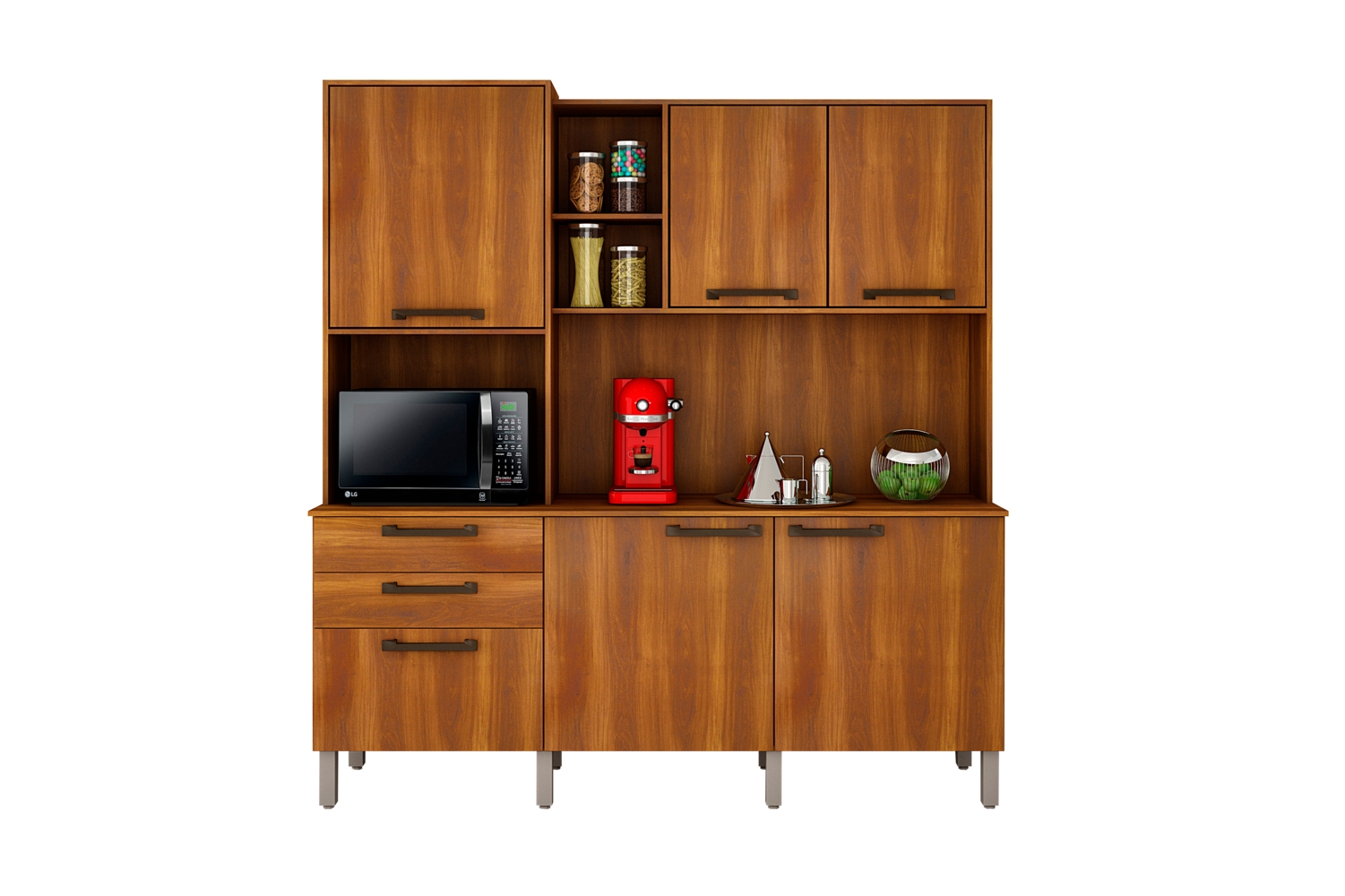 Cozinha Compacta Londres com 6 Portas, 2 Gavetas e 7 Prateleiras Salleto Nogal