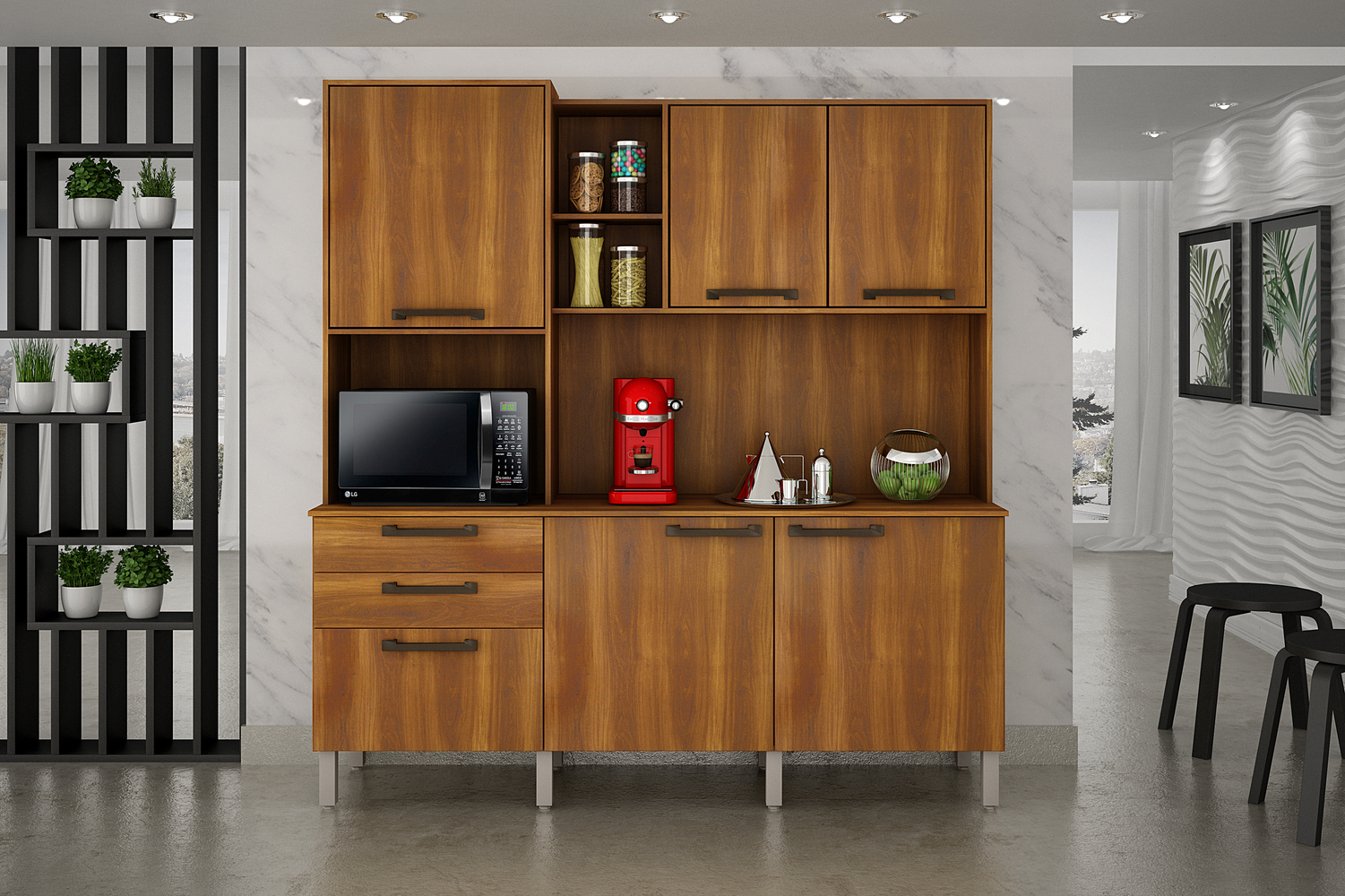 Cozinha Compacta Londres com 6 Portas, 2 Gavetas e 7 Prateleiras Salleto Nogal