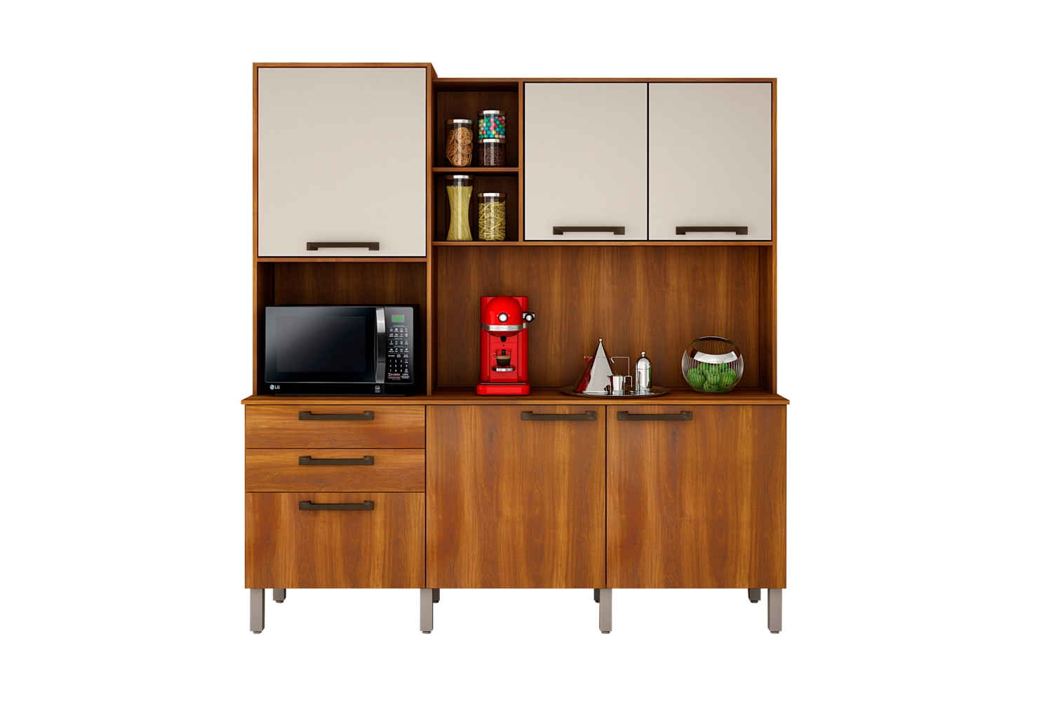 Cozinha Compacta Londres com 6 Portas, 2 Gavetas e 7 Prateleiras Salleto Nogal/Off White