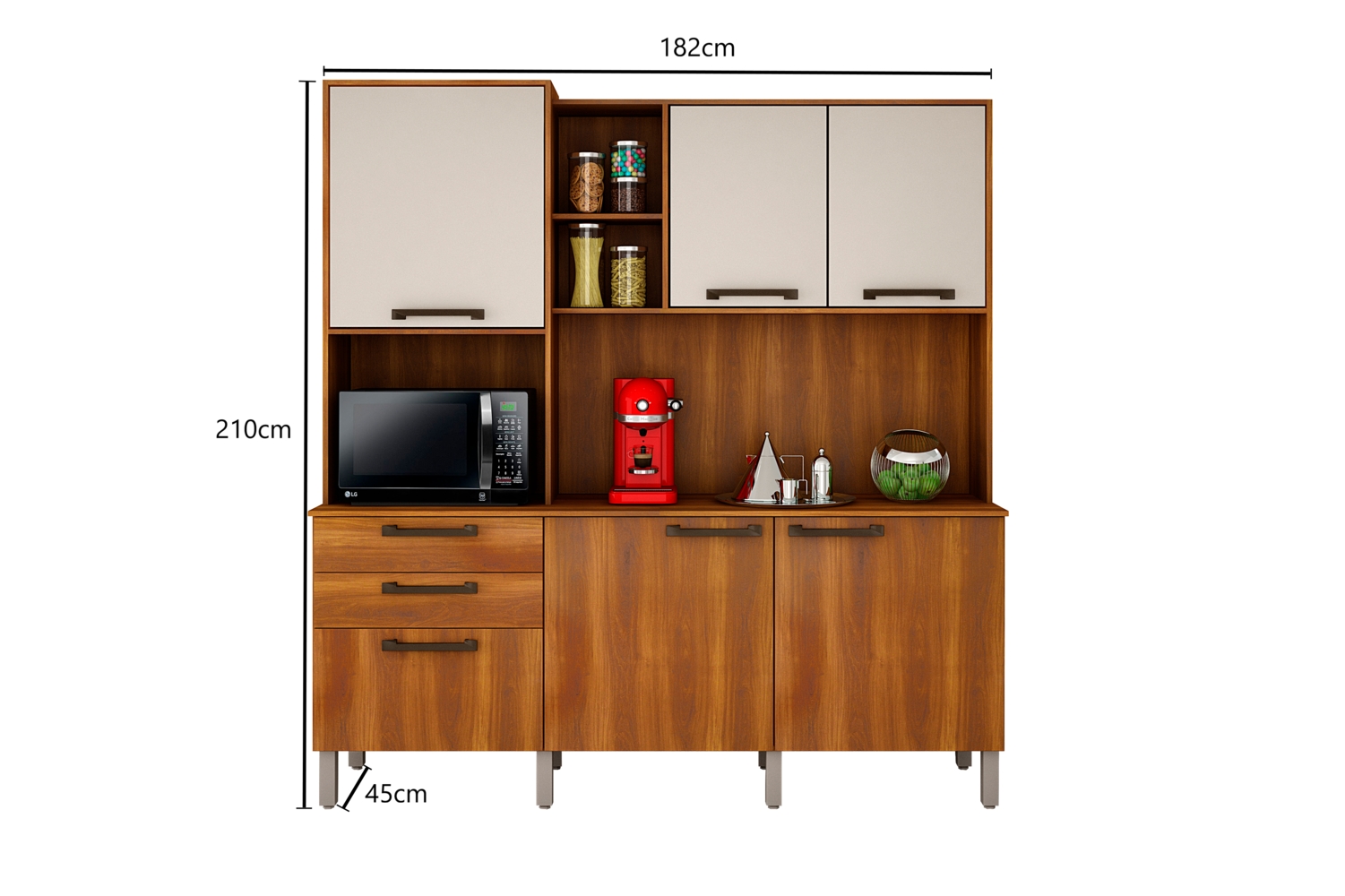 Cozinha Compacta Londres com 6 Portas, 2 Gavetas e 7 Prateleiras Salleto Nogal/Off White