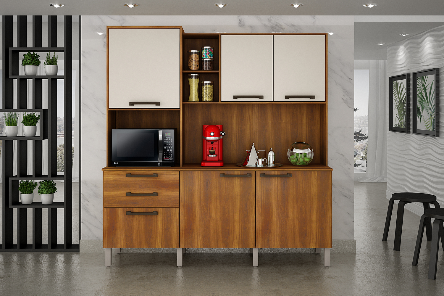 Cozinha Compacta Londres com 6 Portas, 2 Gavetas e 7 Prateleiras Salleto Nogal/Off White