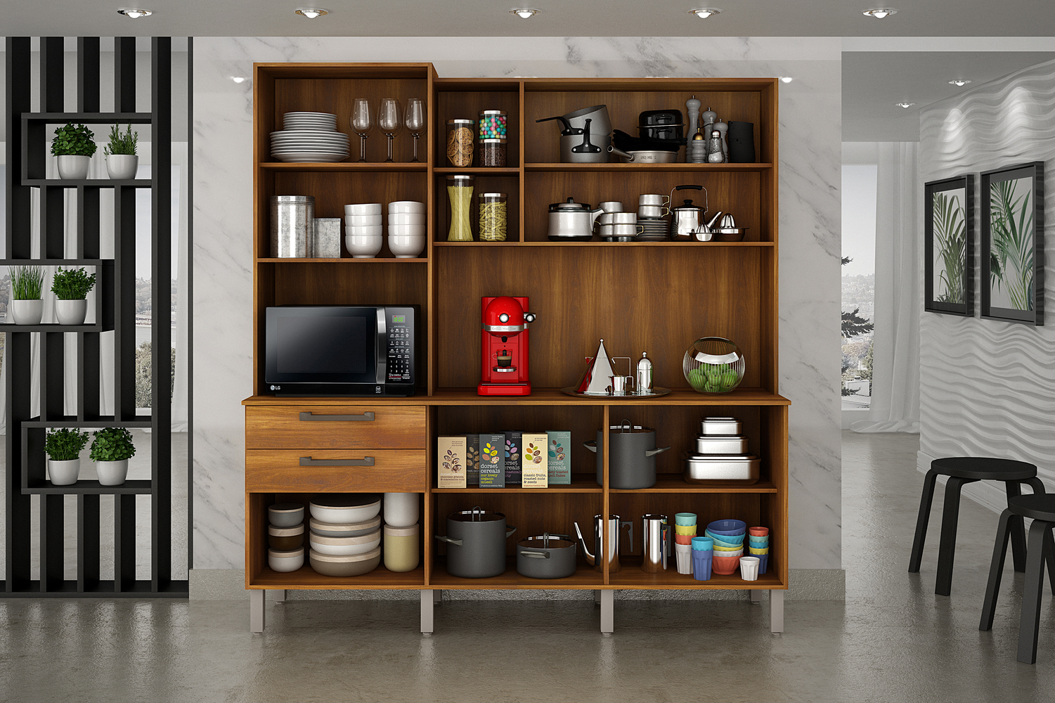 Cozinha Compacta Londres com 6 Portas, 2 Gavetas e 7 Prateleiras Salleto Nogal/Off White