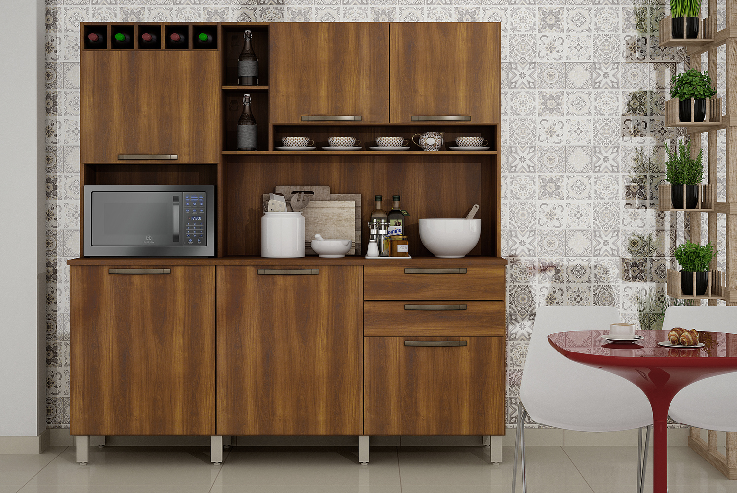 Cozinha Compacta Salleto Topazio com 6 Portas 2 Gavetas e 6 Prateleiras Nogal