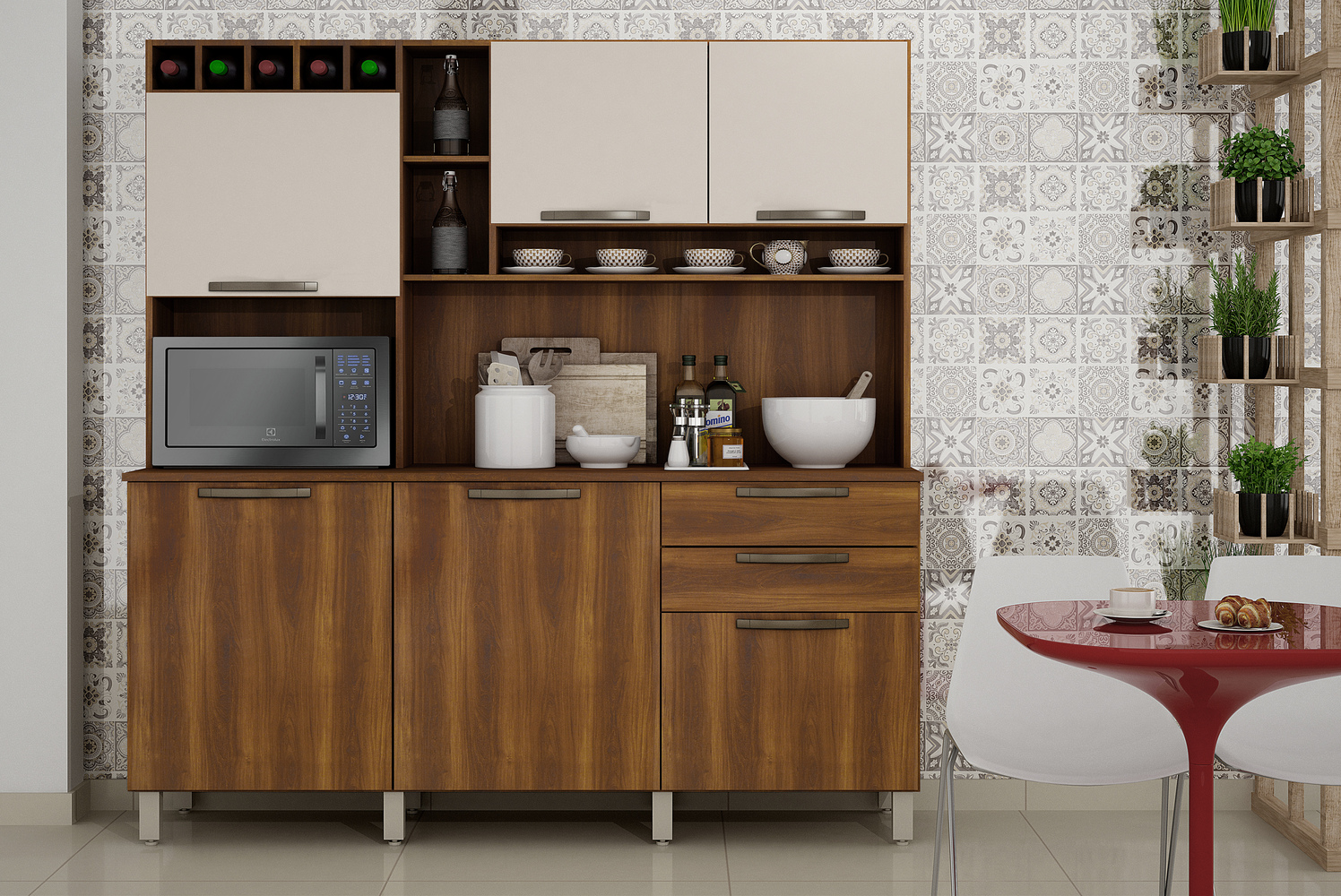 Cozinha Compacta Salleto Topazio com 6 Portas 2 Gavetas e 6 Prateleiras Nogal/Off White