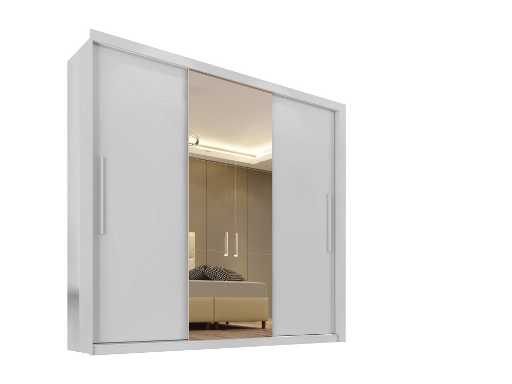 Guarda Roupa Casal 3 Portas 4 Gavetas Com Espelho Central Panama Salleto Branco