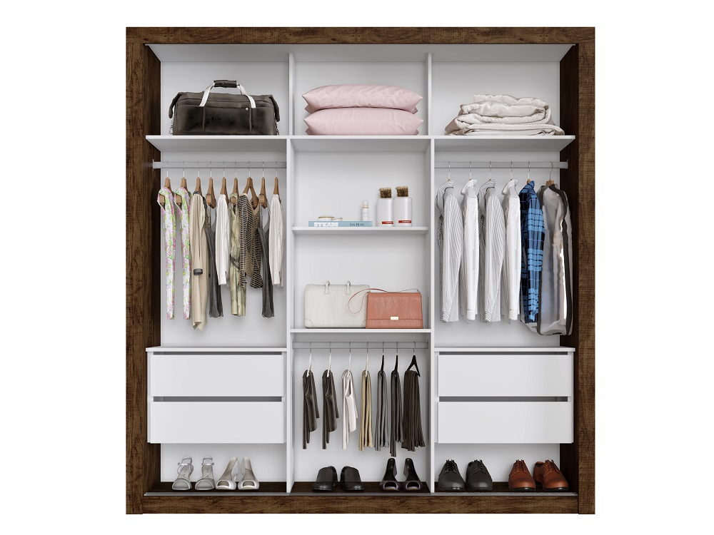 Guarda Roupa Casal 3 Portas 4 Gavetas Com Espelho Central Panama Salleto Ipê/Off White