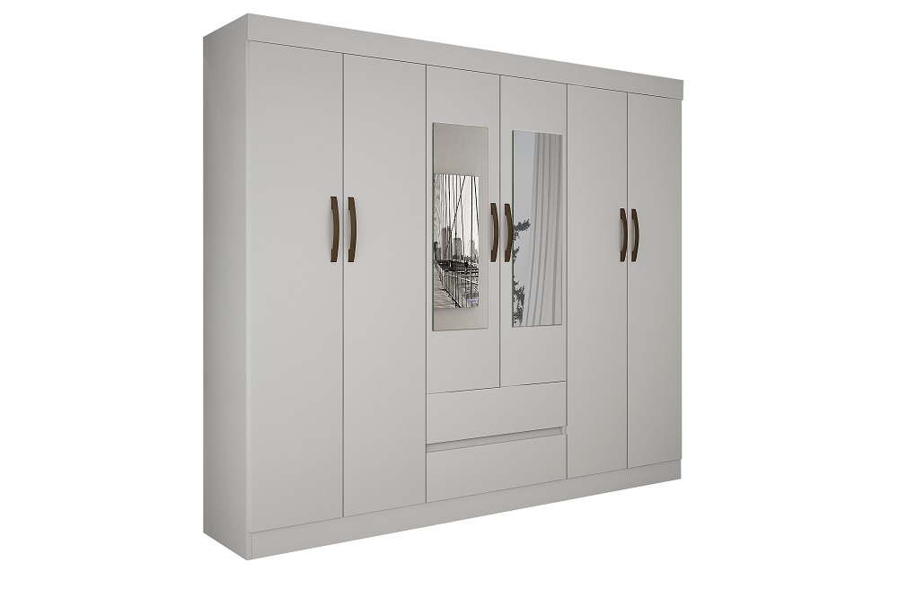 Guarda Roupa Casal com Espelho 6 Portas 2 Gavetas Porto Salleto Branco