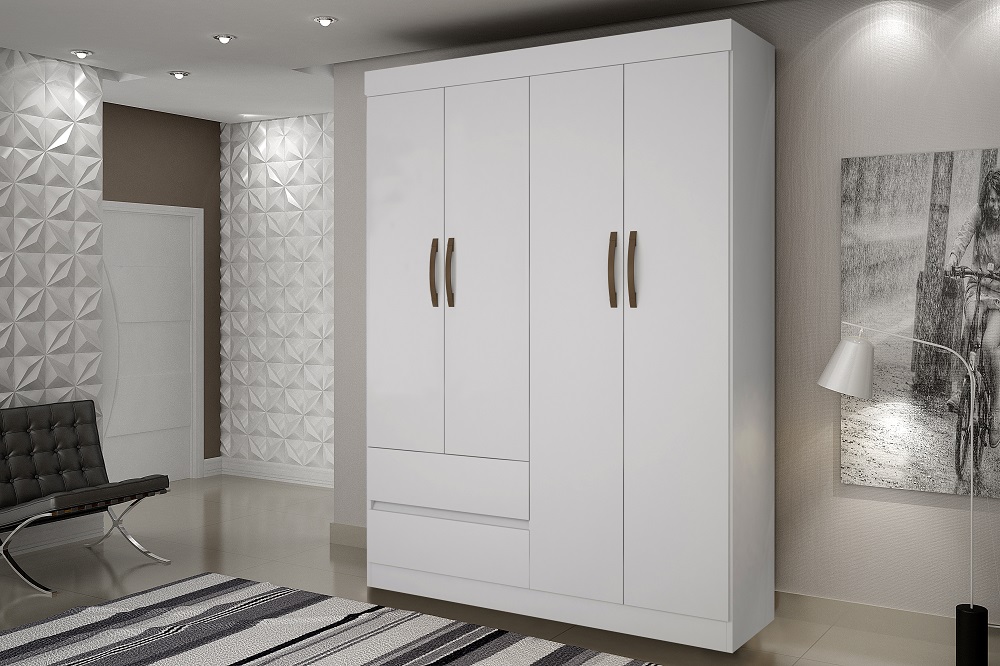 Guarda Roupa Solteiro 4 Portas 2 Gavetas Porto Salleto Branco