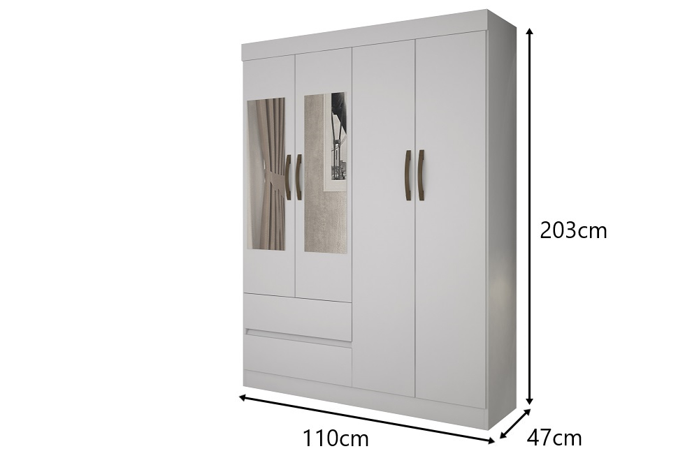 Guarda-Roupa Solteiro com Espelho 4 Portas 2 Gavetas Porto Salleto Branco