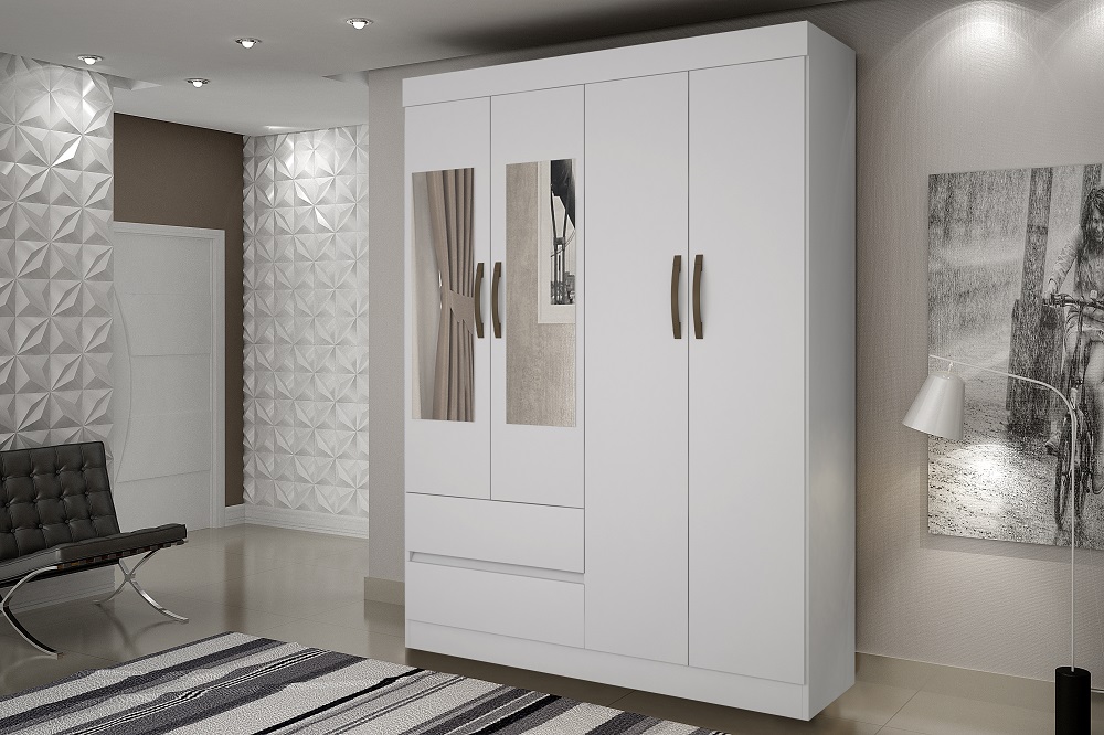 Guarda-Roupa Solteiro com Espelho 4 Portas 2 Gavetas Porto Salleto Branco