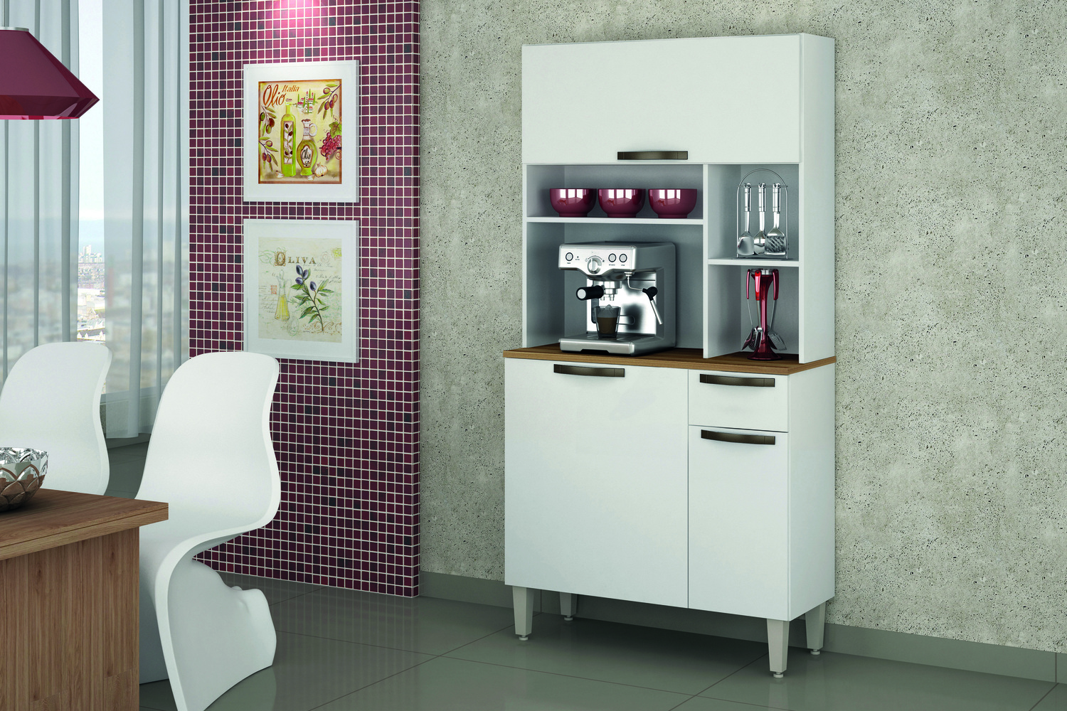 Kit Cozinha 3 Portas 1 Gaveta Nicho Jaspe Plus Salleto Branco