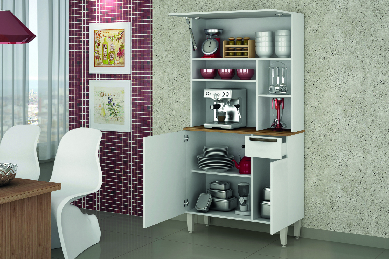 Kit Cozinha 3 Portas 1 Gaveta Nicho Jaspe Plus Salleto Branco