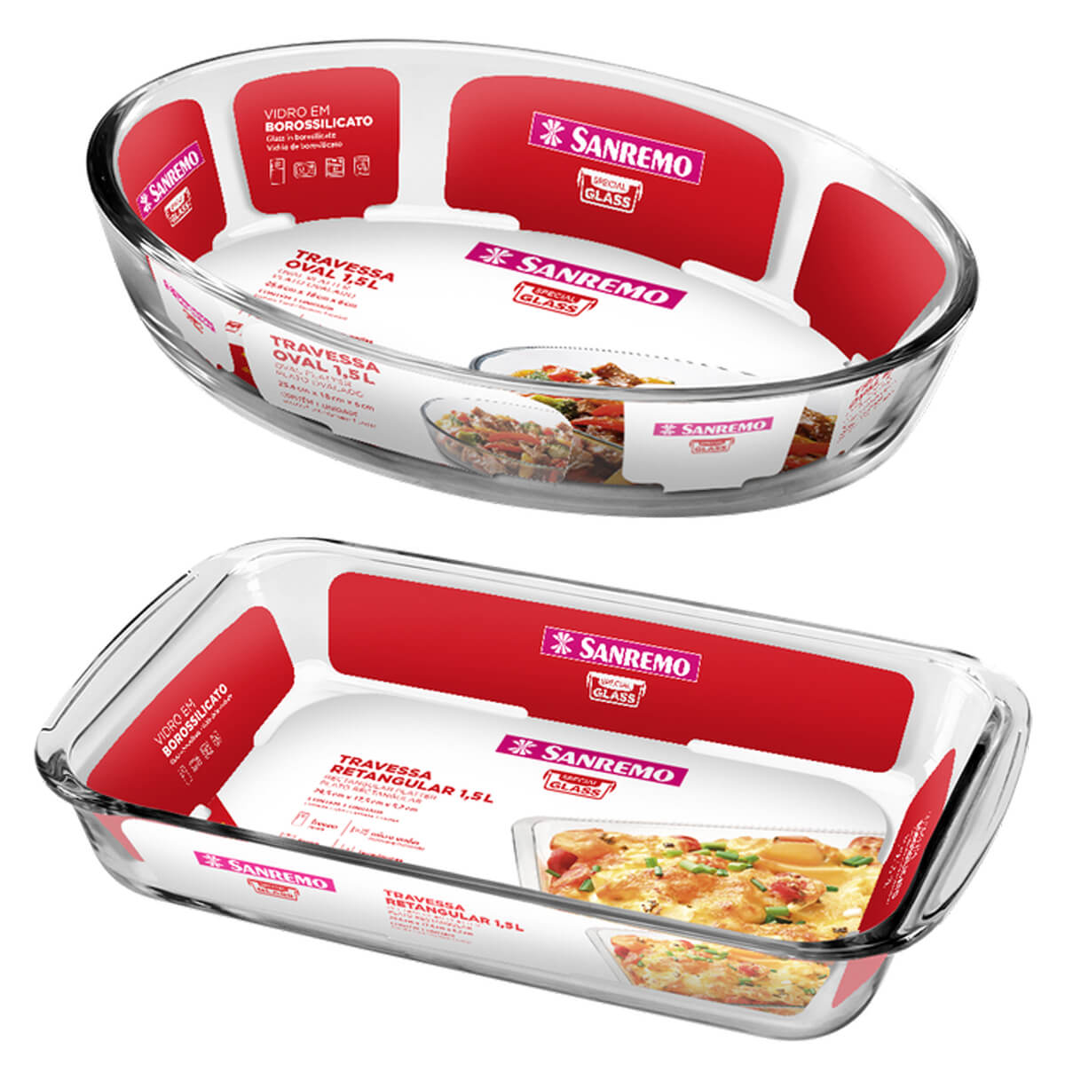 Assadeiras Vidro 1,5L Travessa Retangular e Forma Oval Sanremo
