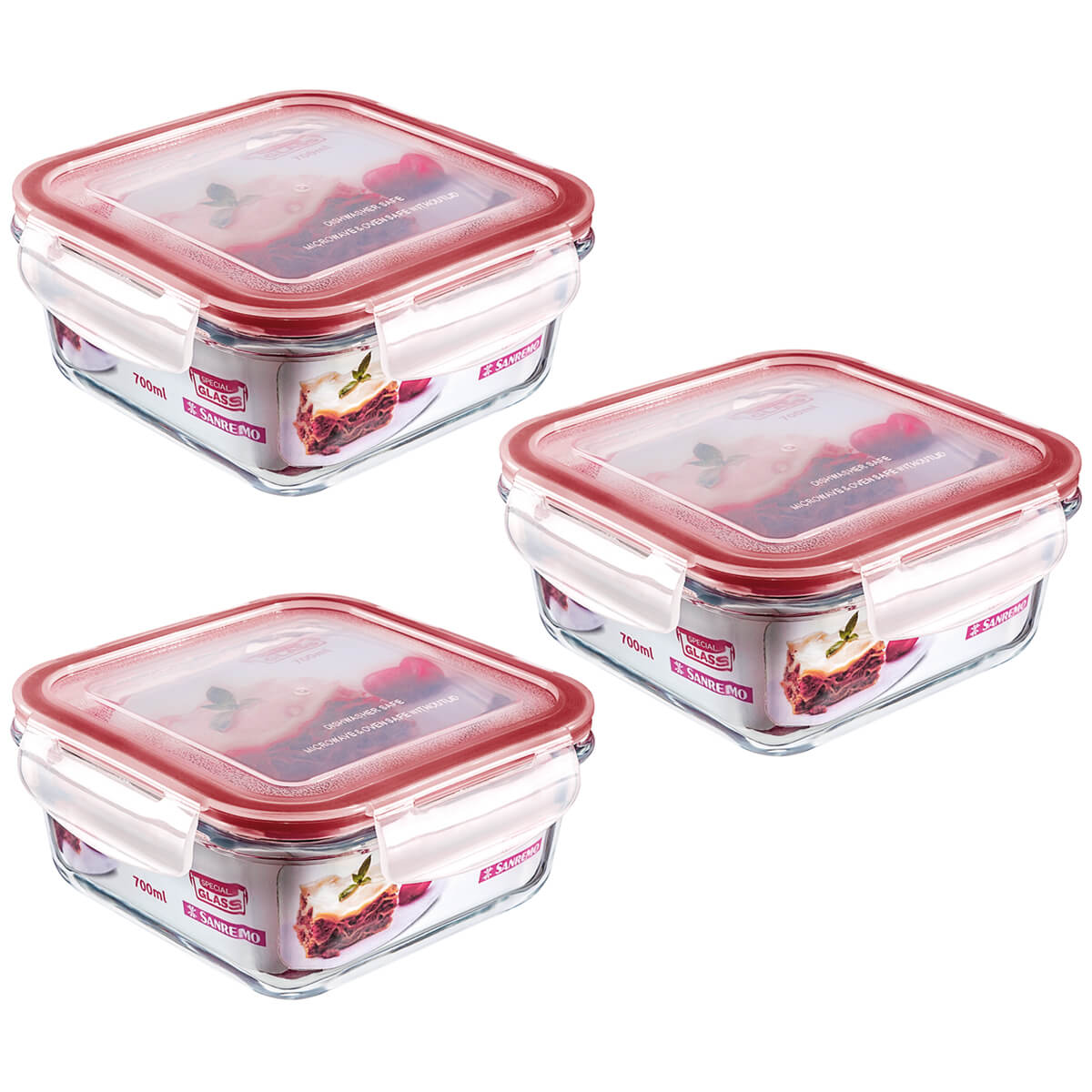 Conjunto 3 Potes Quadrados Vidro Sanremo Tampa Hermética Trava 700ml