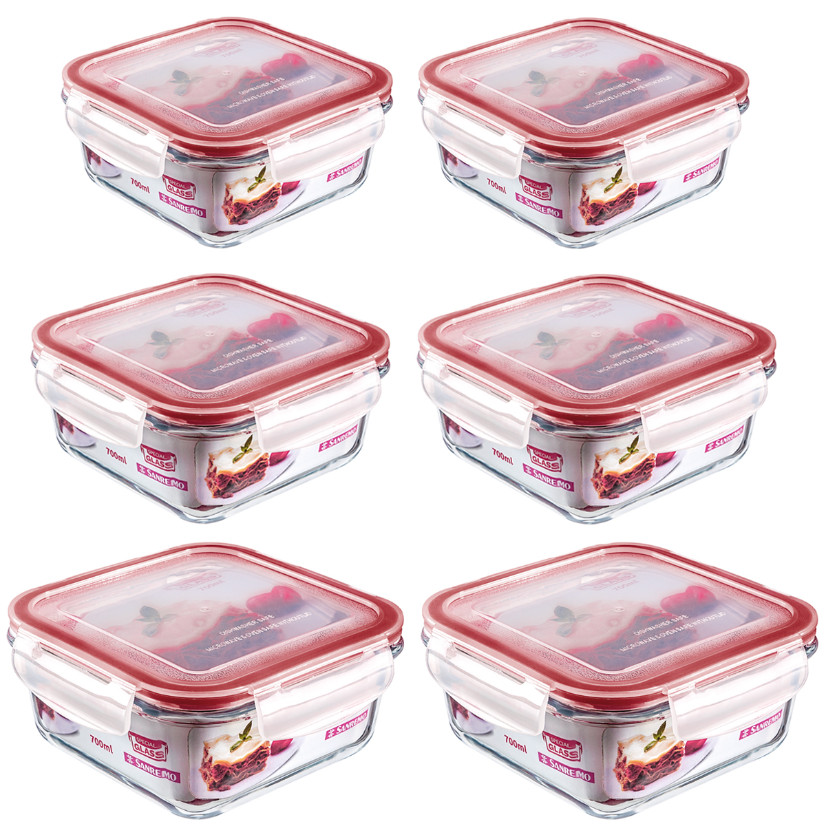 Conjunto 6 Potes De Vidro Herméticos Quadrados 350ml 550ml 700ml Sanremo Marmita