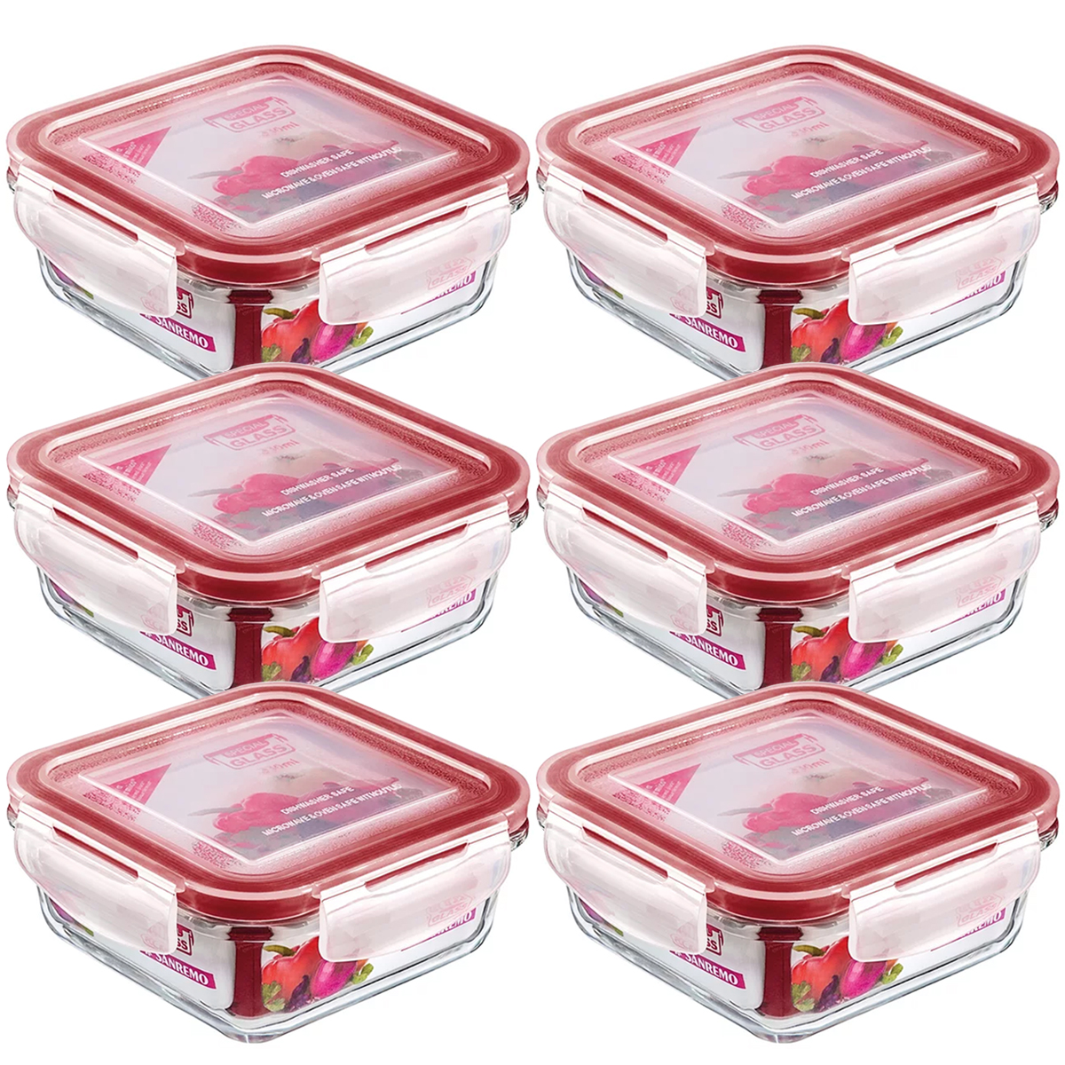 Conjunto 6 Potes De Vidro Quadrados Com Tampas Herméticas 330ml Sanremo