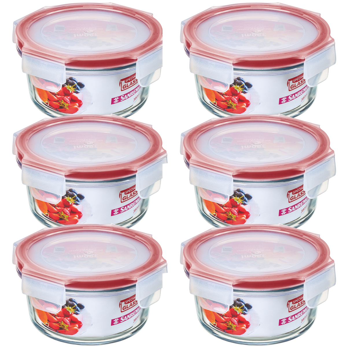 Conjunto 6 Potes De Vidro Redondos Com Tampas Herméticas 330ml Sanremo