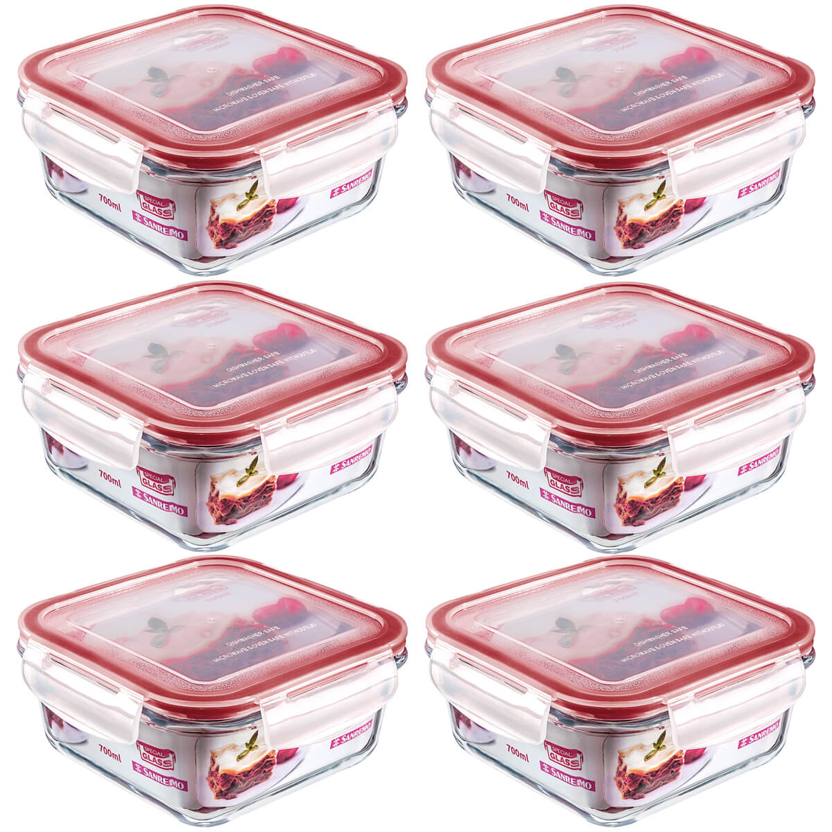 Conjunto 6 Potes Quadrados Vidro Sanremo Tampa Hermética Trava 550ml