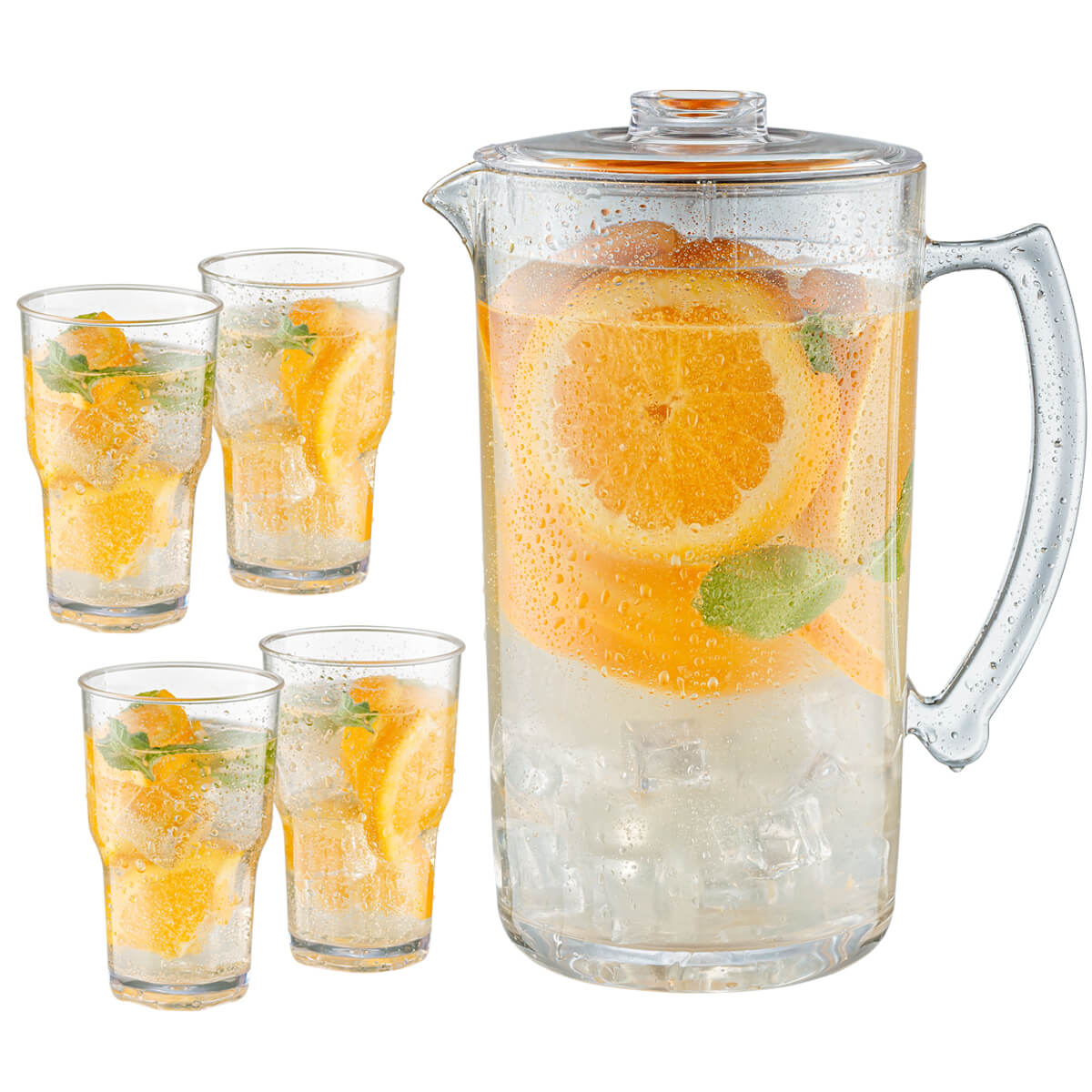 Jogo Jarra de Acrílico 2L e 4 Copos para Bebidas Água Suco Transparente Sanremo