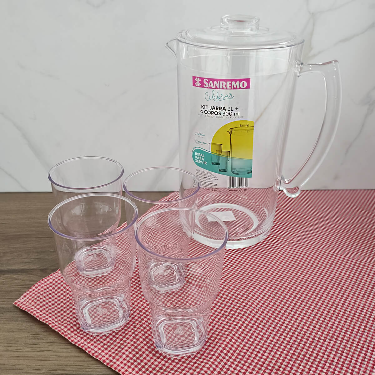 Jogo Jarra de Acrílico 2L e 4 Copos para Bebidas Água Suco Transparente Sanremo