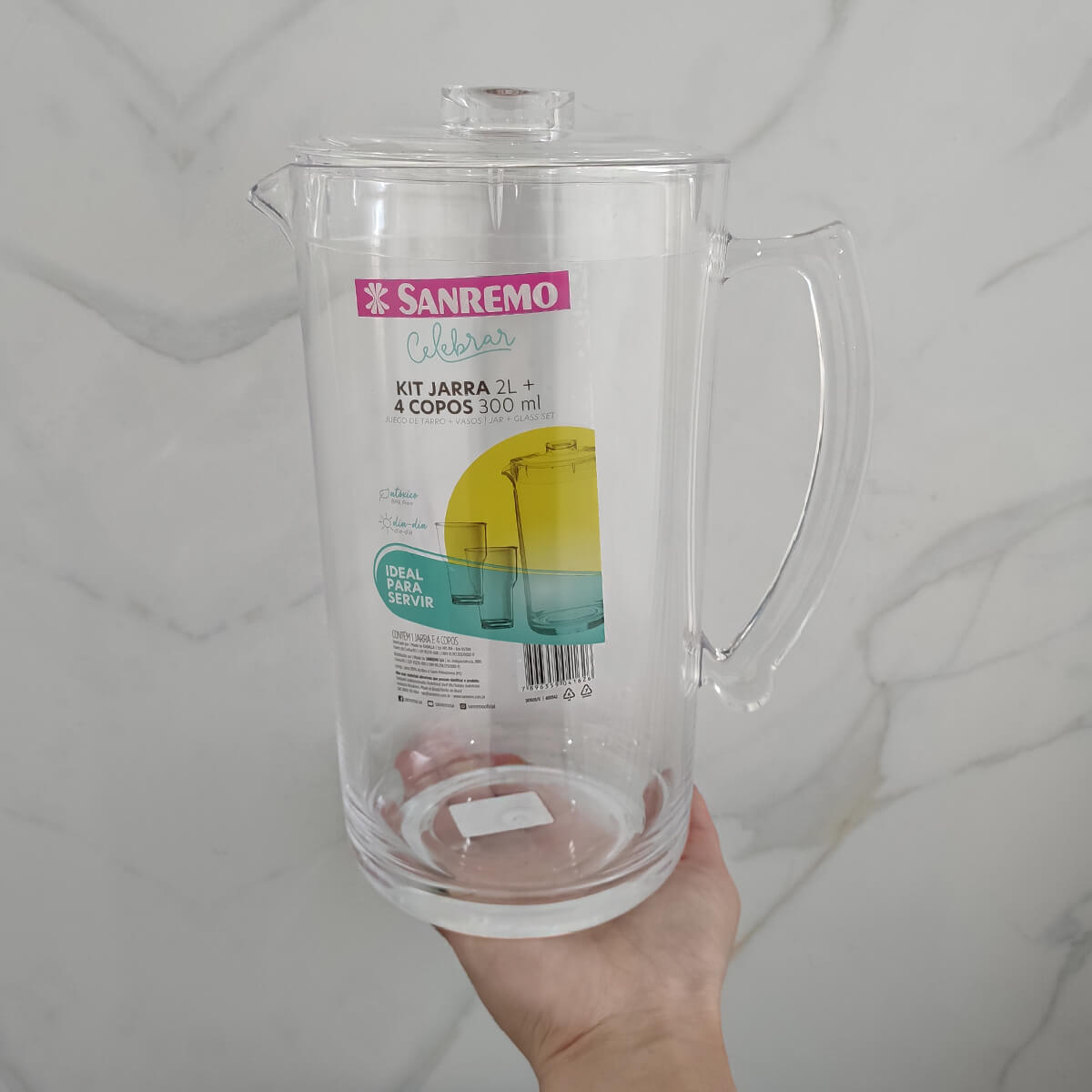Jogo Jarra de Acrílico 2L e 4 Copos para Bebidas Água Suco Transparente Sanremo
