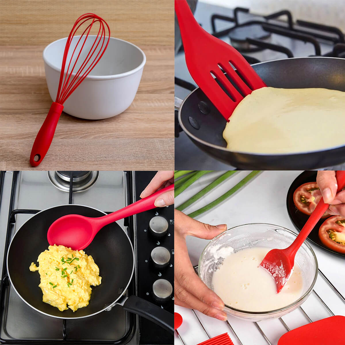 Jogo de Utensílios 5 Peças Talheres de Silicone Vermelhos e Luva Térmica Protetora