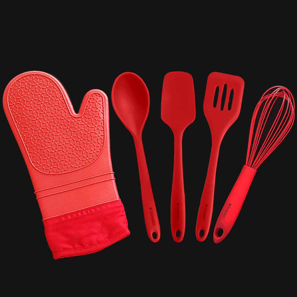 Jogo de Utensílios 5 Peças Talheres de Silicone Vermelhos e Luva Térmica Protetora