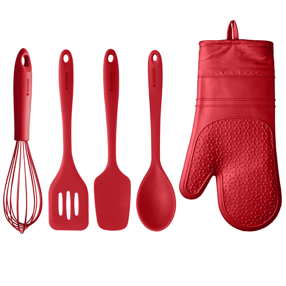 Jogo de Utensílios 5 Peças Talheres de Silicone Vermelhos e Luva Térmica Protetora