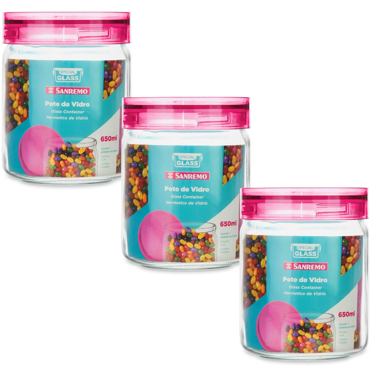 Kit 3 Potes Herméticos de Vidro Porta Mantimentos Cozinha 650ml Com Tampa Rosa