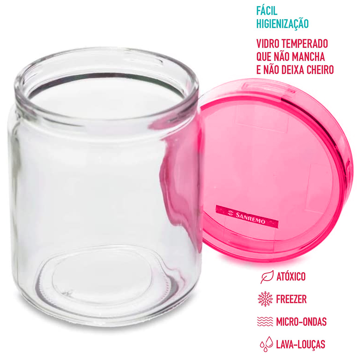 Kit 3 Potes Herméticos de Vidro Porta Mantimentos Cozinha 650ml Com Tampa Rosa
