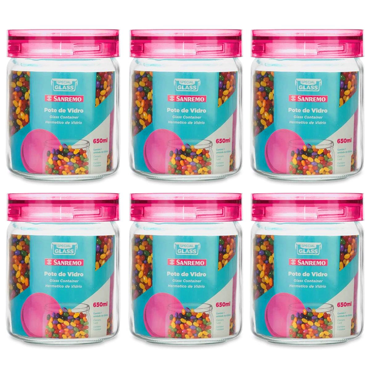 Kit 6 Potes de Vidro Herméticos 650ml Porta Mantimentos Cozinha Com Tampa Rosa