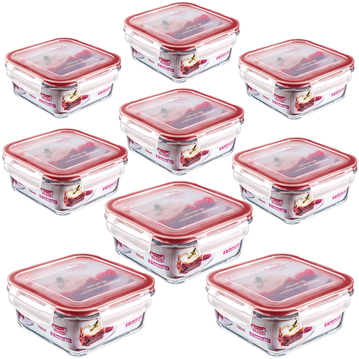 Kit 9 Potes Quadrados De Vidro Hermético 330ml 550ml 700ml Tampa Trava Marmita Sanremo