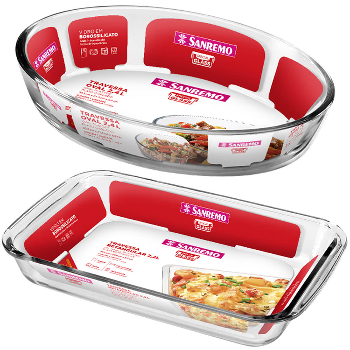 Travessas Refratárias de Vidro Assadeira Retangular 2,2L e Forma Oval 2,4L Sanremo