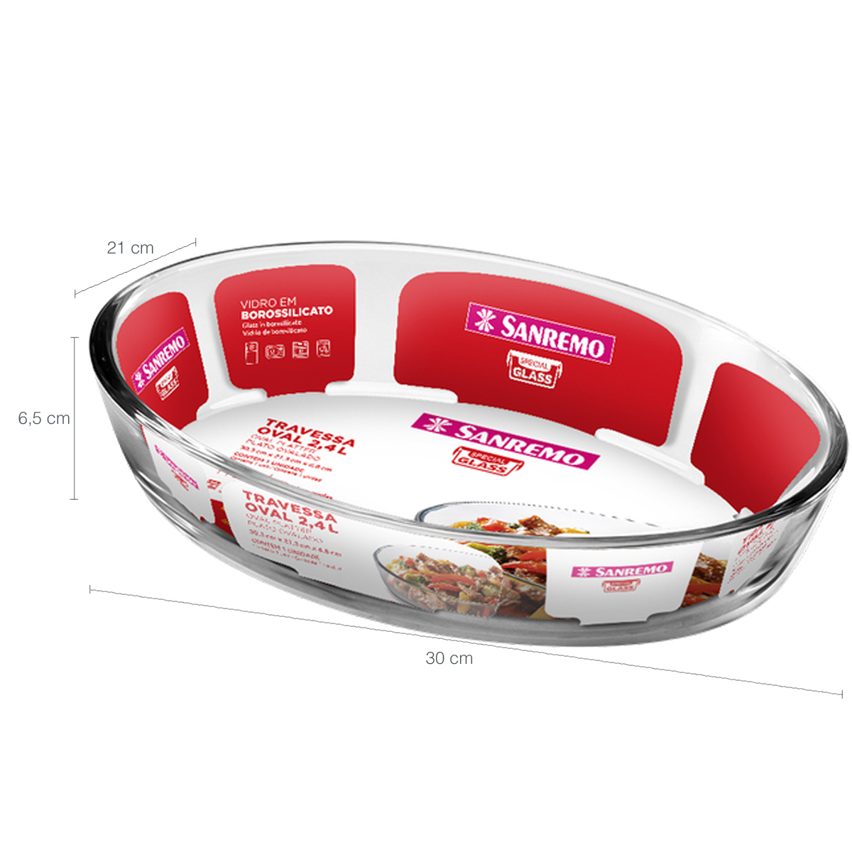 Travessas Refratárias de Vidro Assadeira Retangular 2,2L e Forma Oval 2,4L Sanremo