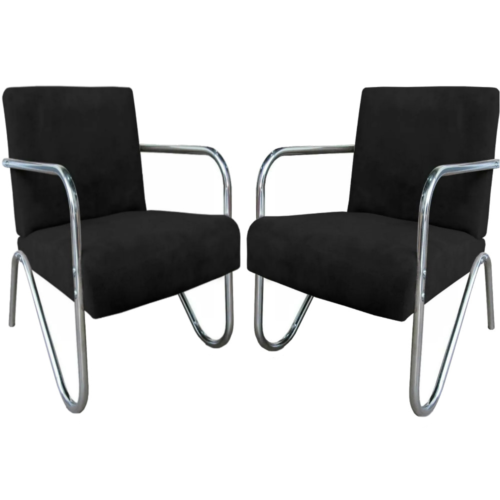 Kit 2 Poltronas Para Sala de Espera Recepção Em Suede Preto Com Braços Cromados Decorativa Confortável Até 120 Kg - PS